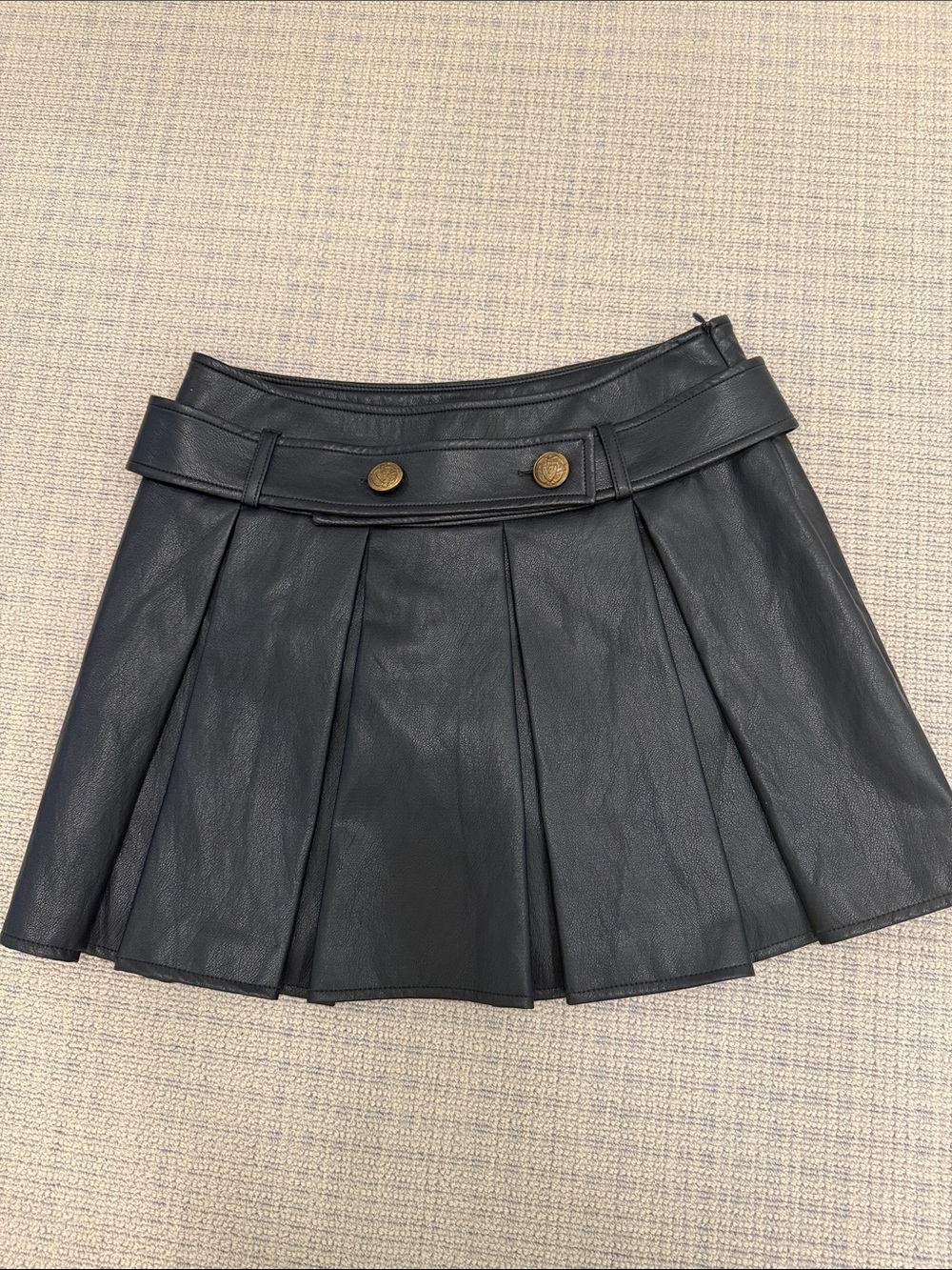 DREW Deep NAVY Faux Leather Pleated Mini Skirt with Brass Buttons